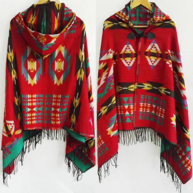

Ethnic Multifunction Bohemian Shawl Scarf Tribal Fringe Hoodies Striped Cardigans Blankets Cape Shawl Poncho with Tassel