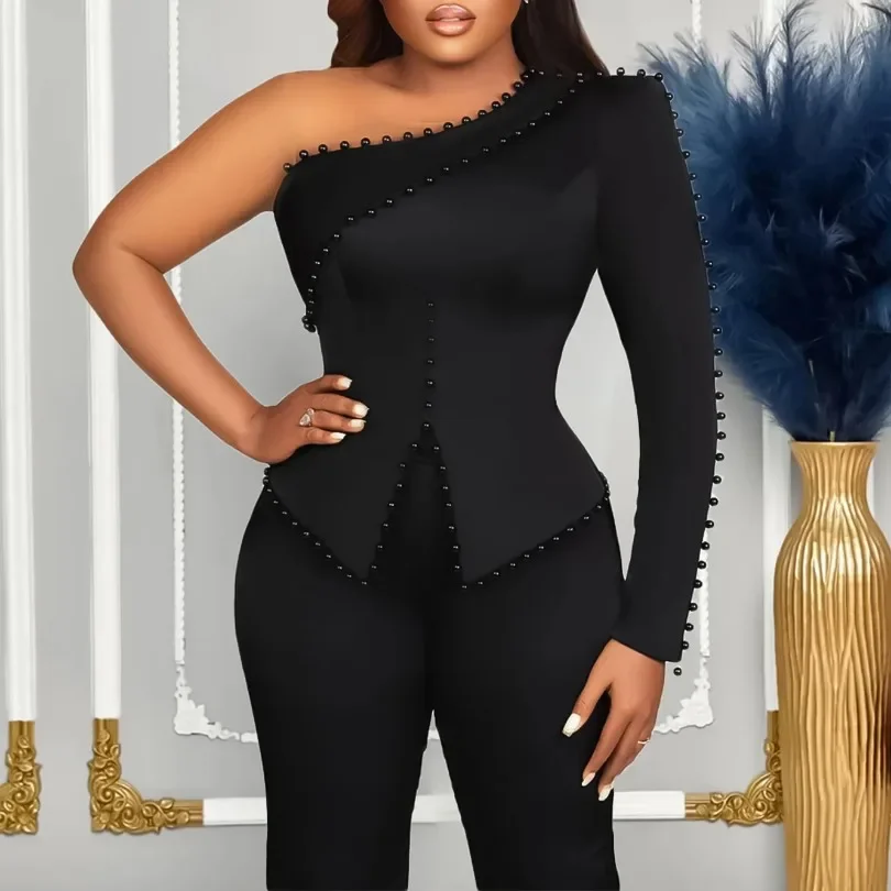 

Women African 2 Piece Set Outfit Black Sexy Beaded Long Sleeve Tops Pants Sets Dashik African Clothes Ladies Elegant Party Suits