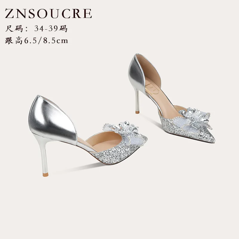 Summer Women Pumps Luxury Sequined Cloth 6CM Thin High Heels Pointed Toe Buckle Strap Shallow Solid Shoes Woman Autumn Party