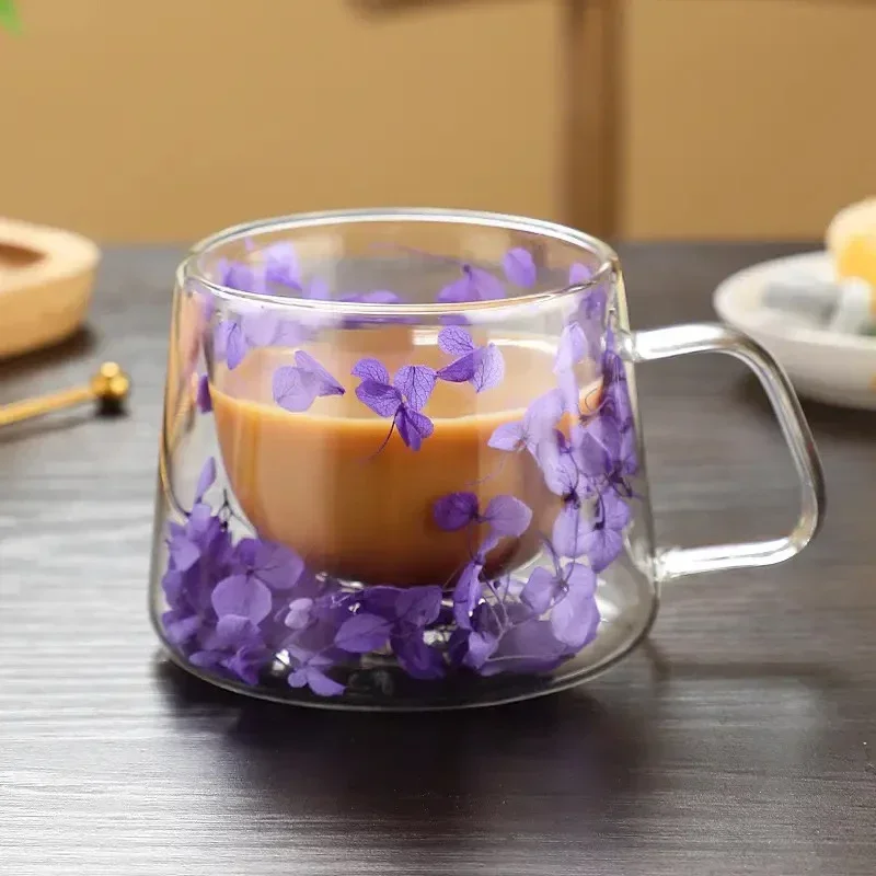 200ml Double Wall Clear Coffee Mug with Handles Glass Milk Cups Simulation Flower Teacup Elegant Gift Drinkware
