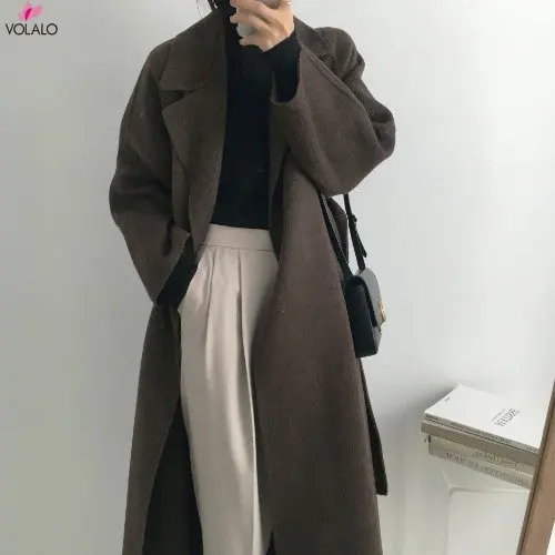 

VOLALO French Lazy Style Warm Female Fresh Winter 2024 Classical Belt Retro Loose Women Woolen Coats Chic Casual Long Coat Long