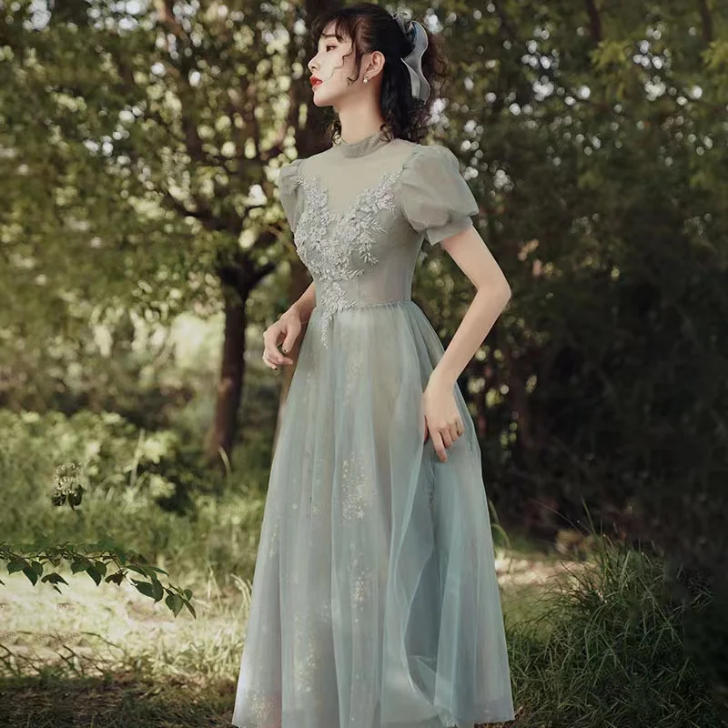 

Gray Blue Prom Dresses A-Line Appliques Halter Fashion Puff Short Sleeve Tulle Long Formal Lace Up Birthday Evening Party Gowns