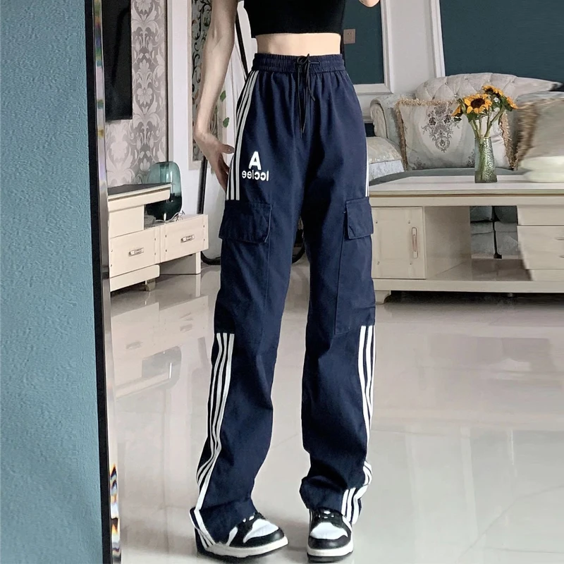 

Women American Retro Casual Streetwear Sports Cargo Pants Y2K Female Trendy Harajuku Pockets Straight Trousers Loose Pantalones