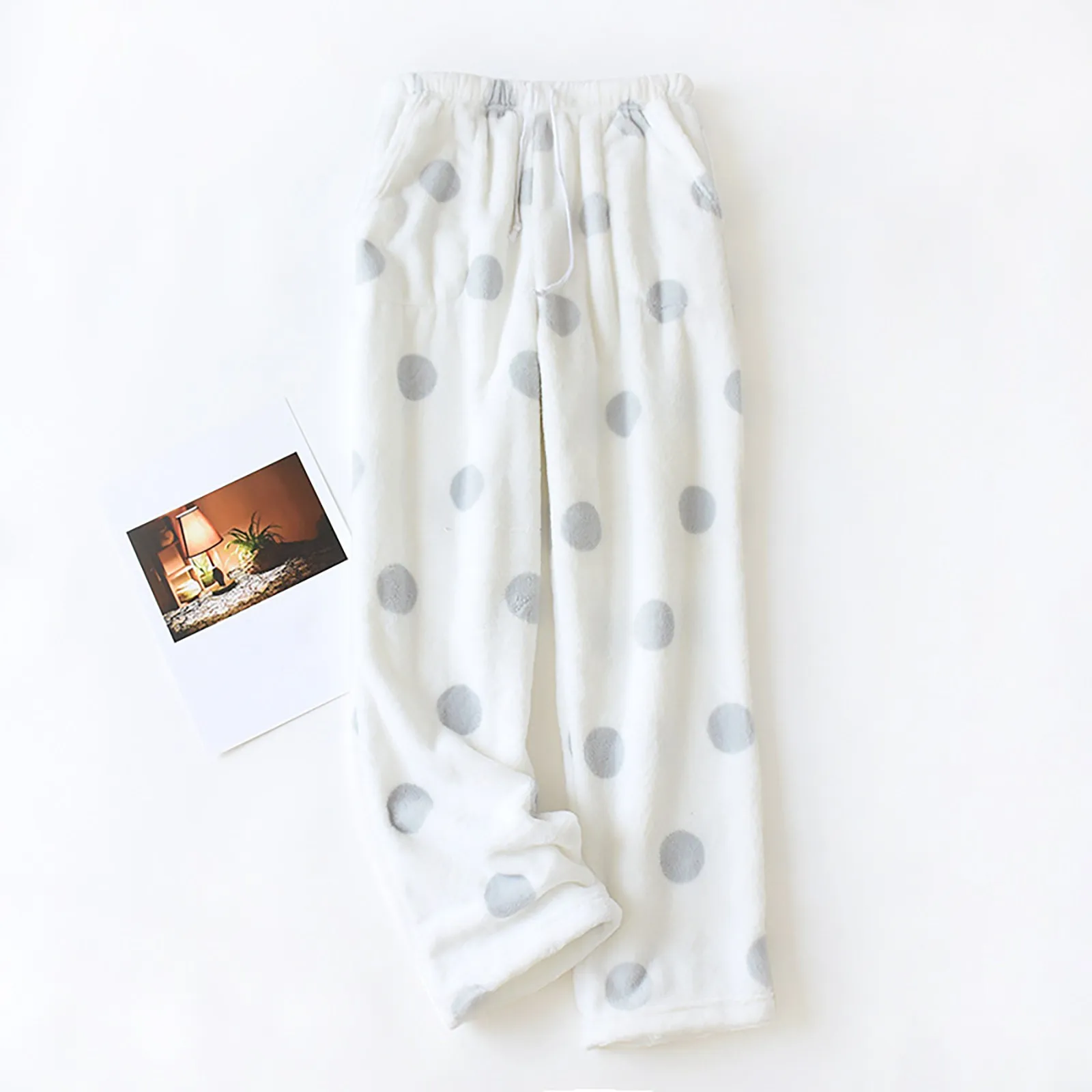 

Women Flannel Pajama Pants Autumn Winter Thicken Warm Dots Drawstring Elastic High Waist Pants Thermal Loose Straight Trousers