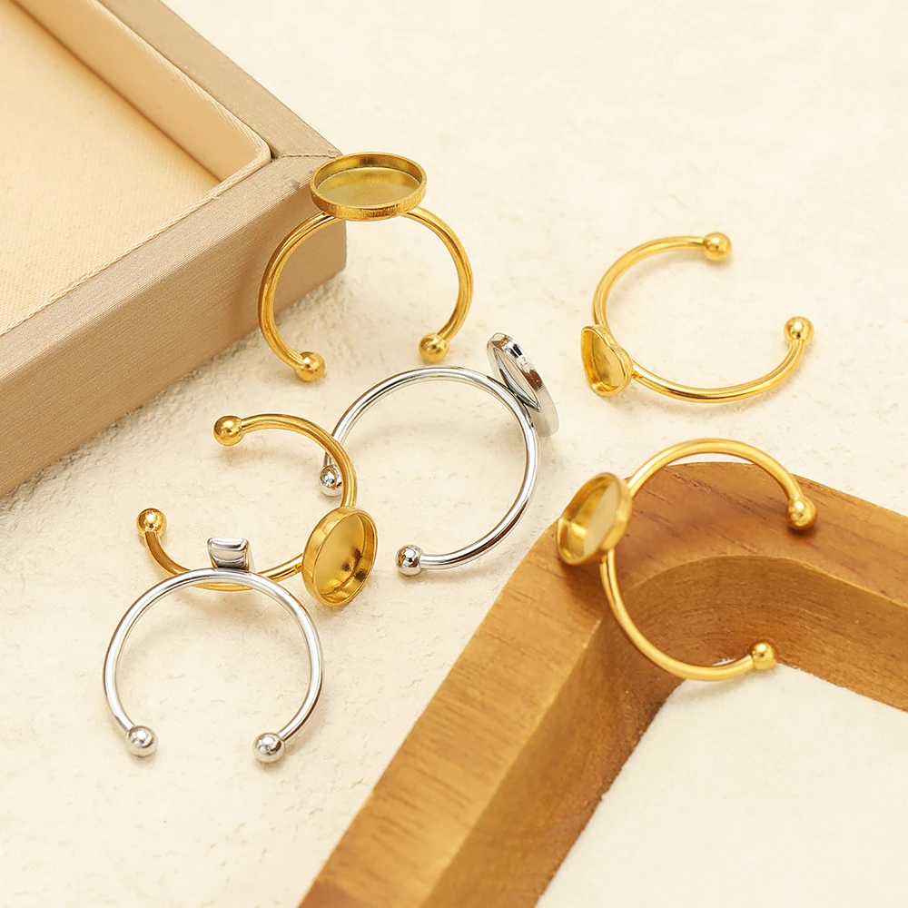 10 Stück verstellbare offene Ringfassungen aus Edelstahl, leere Basis, Lünette, Cabochons, Ringe für DIY-Schmuckherstellung, Fingerzubehör – Detail 2