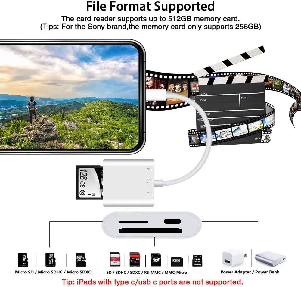 Lettore di schede SD per iPhone, lettore di schede di memoria con adattatore USB per fotocamera Plug and Play Trail Game Camera SD Card Viewer supporta SD e TF Card Micro SD Card Adapter per iPad
