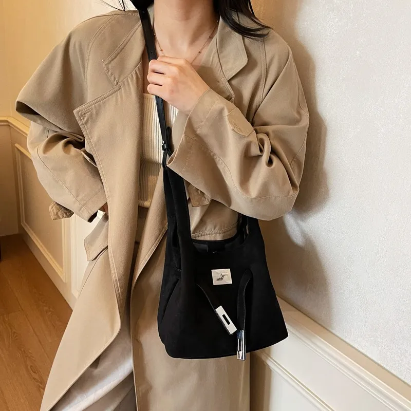 Faux Suede Vintage Tote Bag Large Capacity Casual Handbag Solid Color Simple Crossbody Bag Travel Shopping Date Handbag