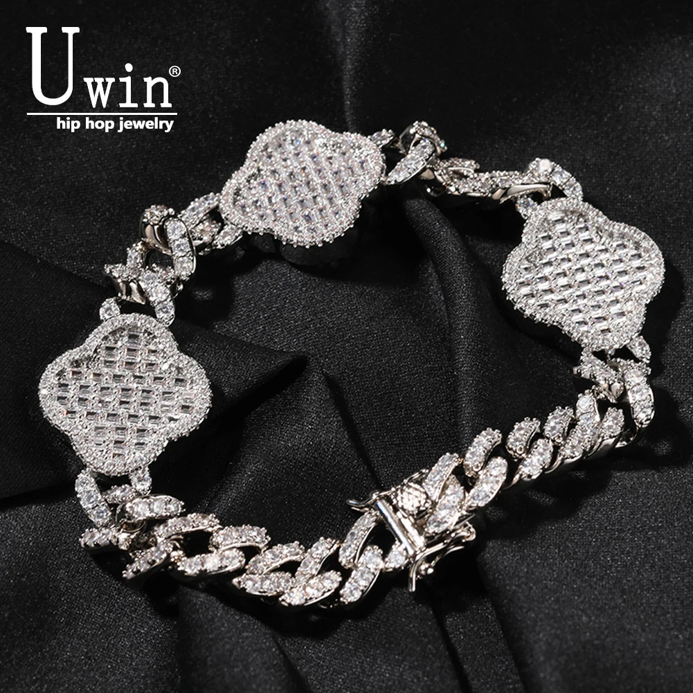 

UWIN Square CZ Four Leaf Clover Chain With 9mm Cuban Chain Full Iced Out Cubic ZirconLuxurious Choker HipHop Jewelry
