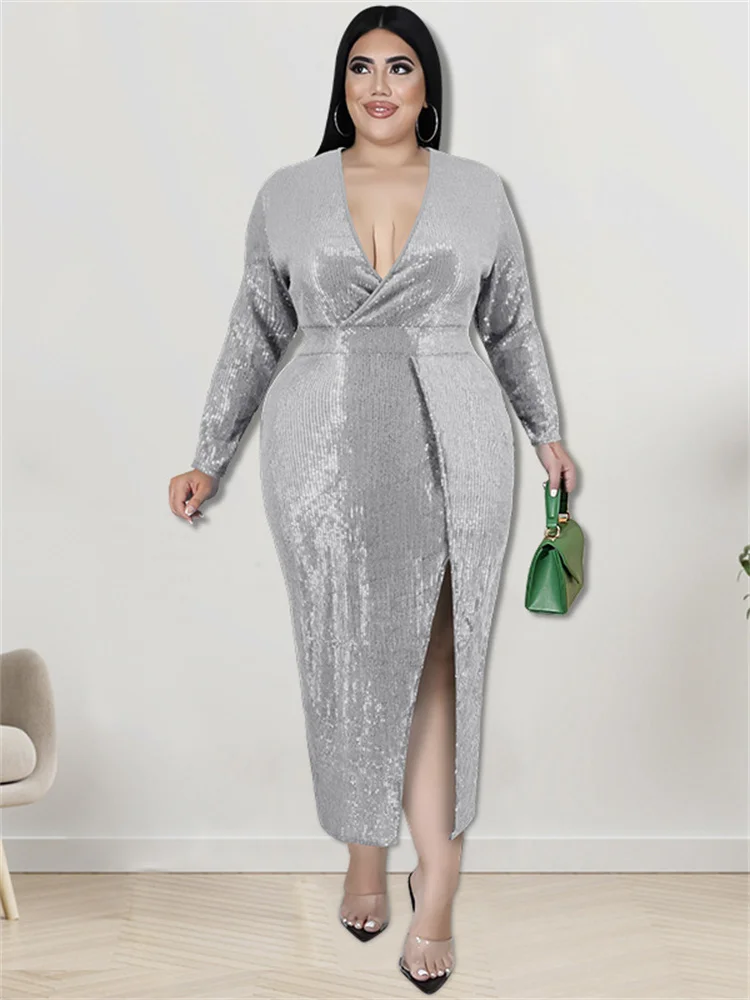 Wmstar Plus Size Women Clothing Sequins Party Dresses Fall V Neck Bodycon  Elegant Sexy Evening Midi Dress Wholesale Dropshipping