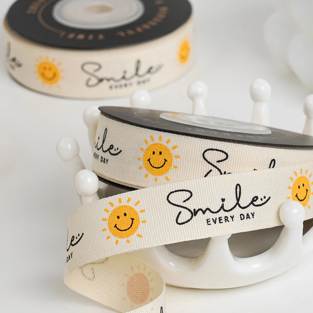 9 Meter 16MM Smiley Face Printed Webbed Korean Small Flower Clothing Accessories Polyester Ribbon HANDMADE Hair DIY Lace ribbon decoration ribbon supplies polyester ribbon