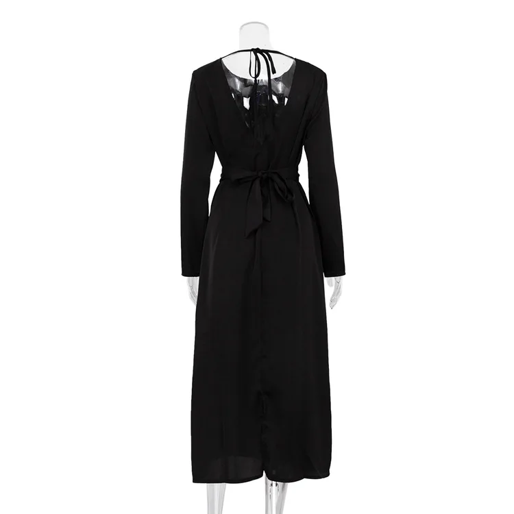 Backless Lace-Up Slim Maxi Dress Female Black Fashion Autumn 2025 Bandage Long Sleeve Solid Elegant Patchwork Long Dress