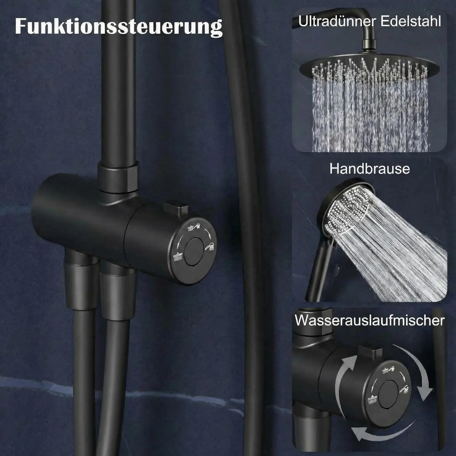 Modernes Duschsystem 25 cm Runde Überkopf-Dusche, Höhenverstellbare Duschsäule, 3 Strahlarten mit Handbrause – Detail 13