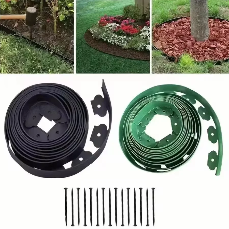 10M Flexible Lawn Edging Kit with 30Pcs Stakes Fixed Garden Barrier Lawn Grass Plastic Edging Border Landscape Edging Coil Fence
