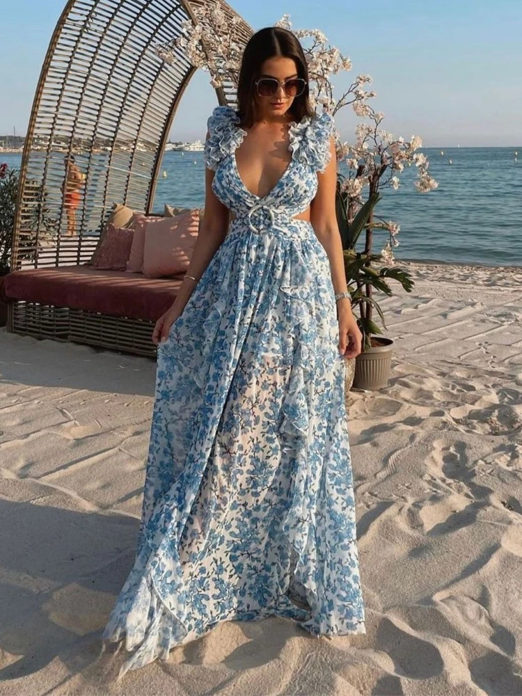 Holiday Floral Backless Maxi Dress Cut Out Deep V Neck Dresses