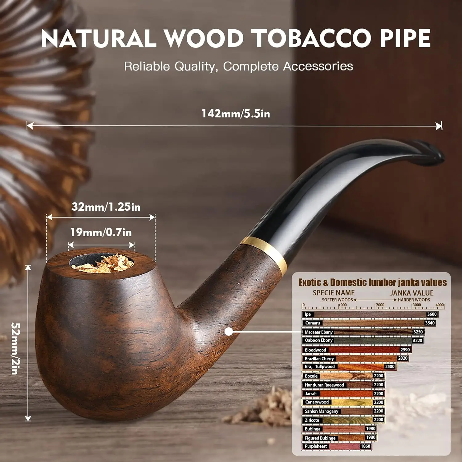 Tobacco Pipe Handmade Ebony Wood Root Smoking Pipe Gift Box and Accessories