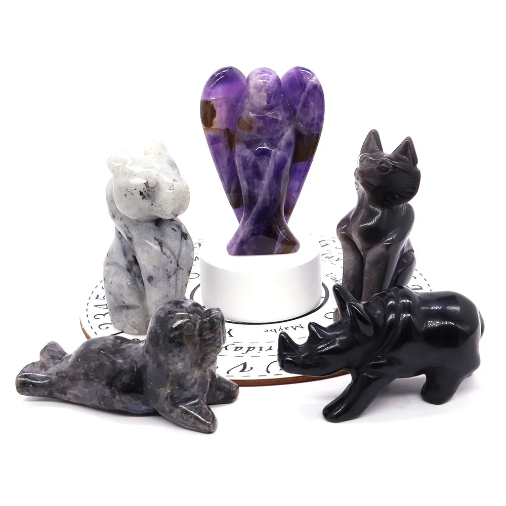 

3" Angel Leopard Fox Rhinoceros Sea Lion Statue Natural Healing Crystals Quartz Animal Stone Hand Carved Craft Home Decor Gift