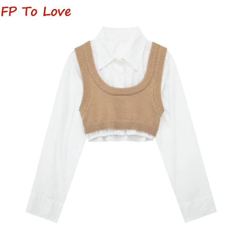 

Autumn Designed Two Pieces Knitted Camisoles Tank Tops Long Sleeve High Waist White Shirt Women OOTD Spring Elegant Outwears