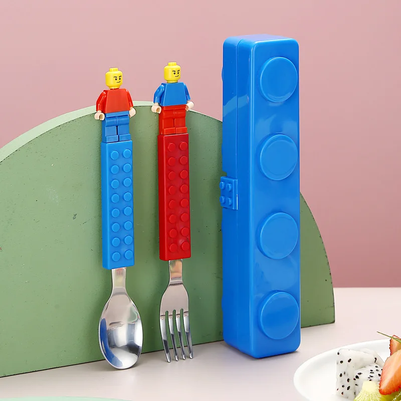 Fun Children Building Block Puzzle Toys Fruit Fork Spoon Cartoon Tableware Stainless Fork And Spoon Set Kids Portable Storage