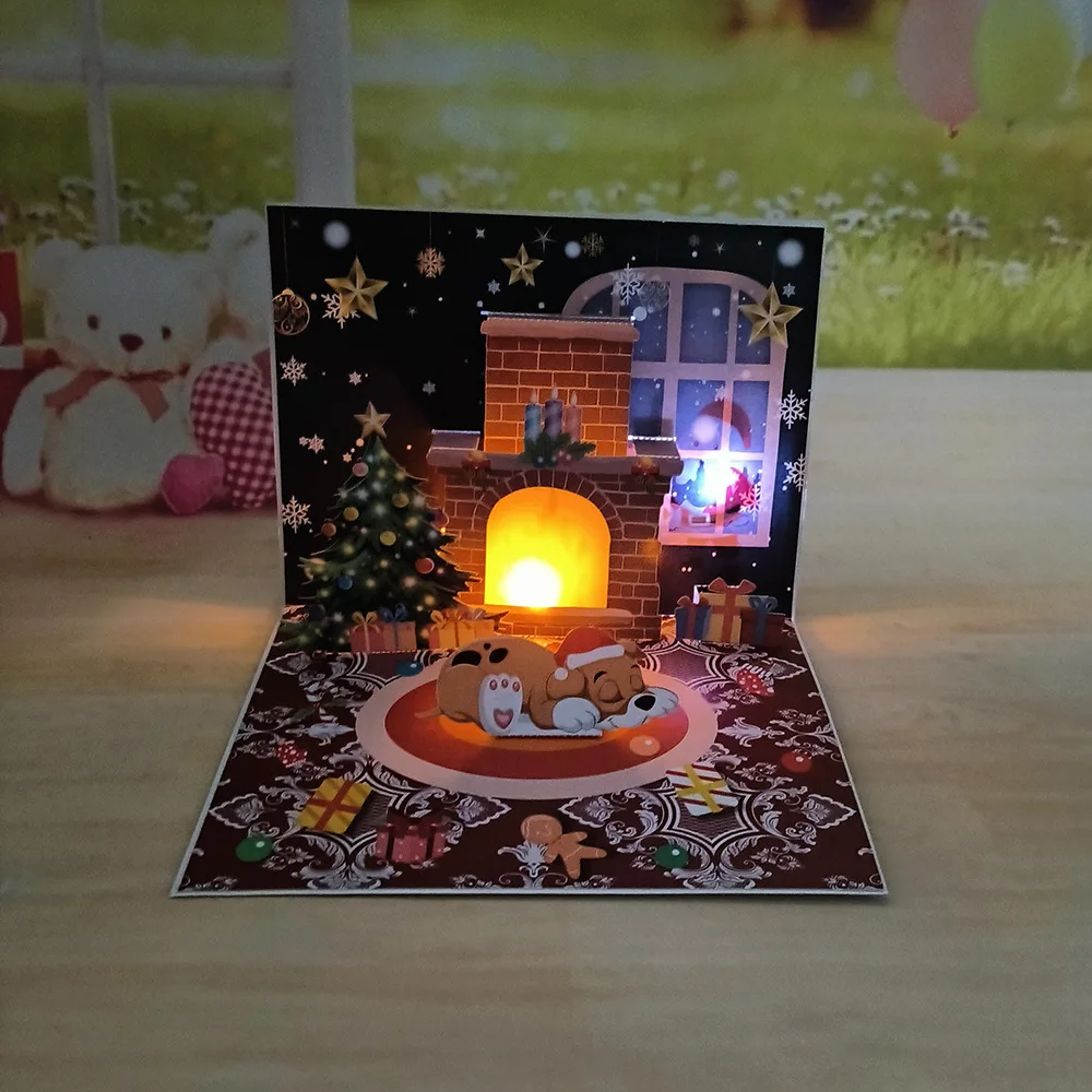 1PC Christmas Blessings Music Lights Projection Elderly Fireplace 3D Stereoscopic Greeting Card Paper Sculpture New Year Card greeting cards