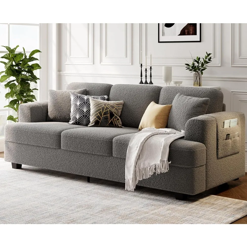 Deep Seat Sofa 89" with Throw Pillow, Modern Sofa, Couches for Living Room, Comfy Sofa, Sleeper Couch, Bouclé, Dark Grey