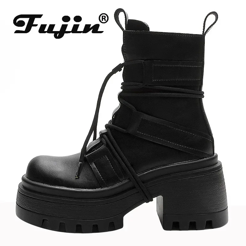 

Fujin 8.5cm British Genuine Leather Moccasins Ankle Boots Platform Wedge Autumn Winter Plush Cowgirl Shoes Woman Booties Spring