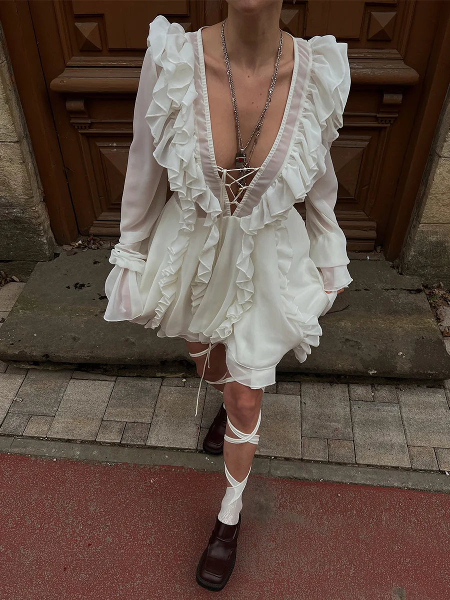 Bronladies Women's 2026 Summer New Ruffled Long Sleeve Dress Fashion V Neck Chiffon Lace-up Mini Dress
