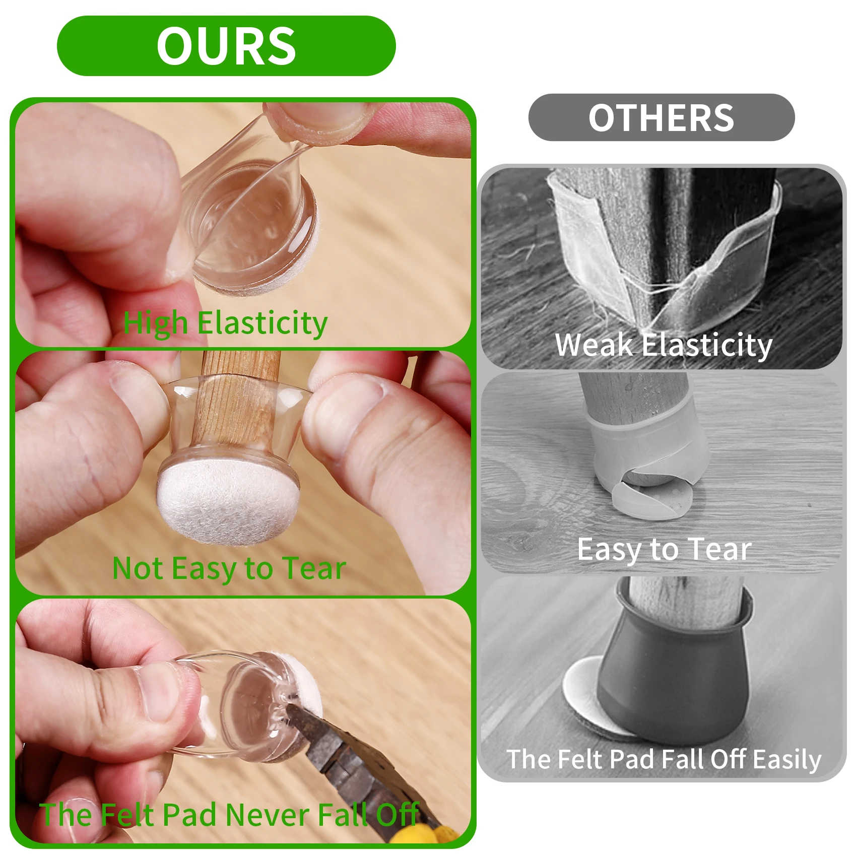 Clear Silicone Chair Leg Protectors with Felt Pads - Set of 16, Floor Scratch and Noise Reduction