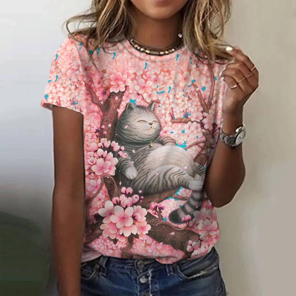 

3D Animal Print Cute Cat Pattern Summer Fashion Women's T-shirts Casual Short Sleeves Street Loose Tees Female Clothing Tops