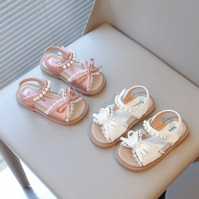 Summer Girl's Princess Shoes Lace Bowtie Open Toe Pearl Sweet Kid's Flat Shoe Solid Colors Anti-slip Chic Daily Children Shoe