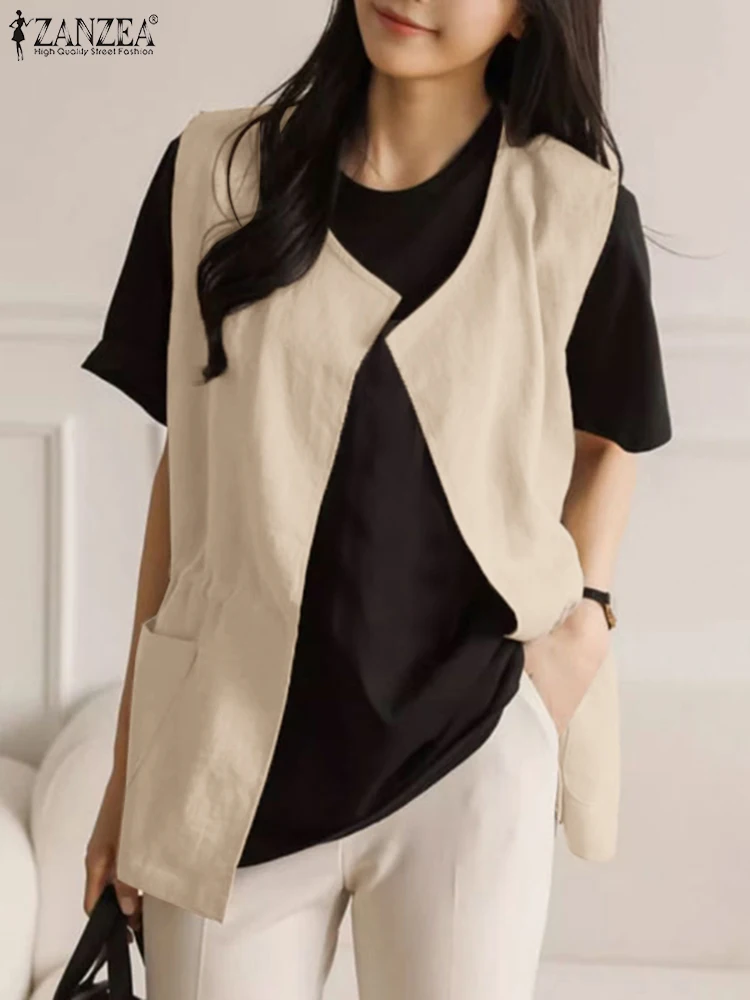 

Жилет ZANZEA женский без рукавов, модный открытый кардиган спереди, винтажная однотонная Рабочая блузка, повседневные майки на завязках, топы, на лето