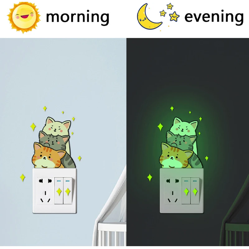 Luminous Stacked Cat Cartoon Switch Stickers Decorative Children's Room Wall Stickers Living Room Bedroom Luminous Self-Adhesive Paper