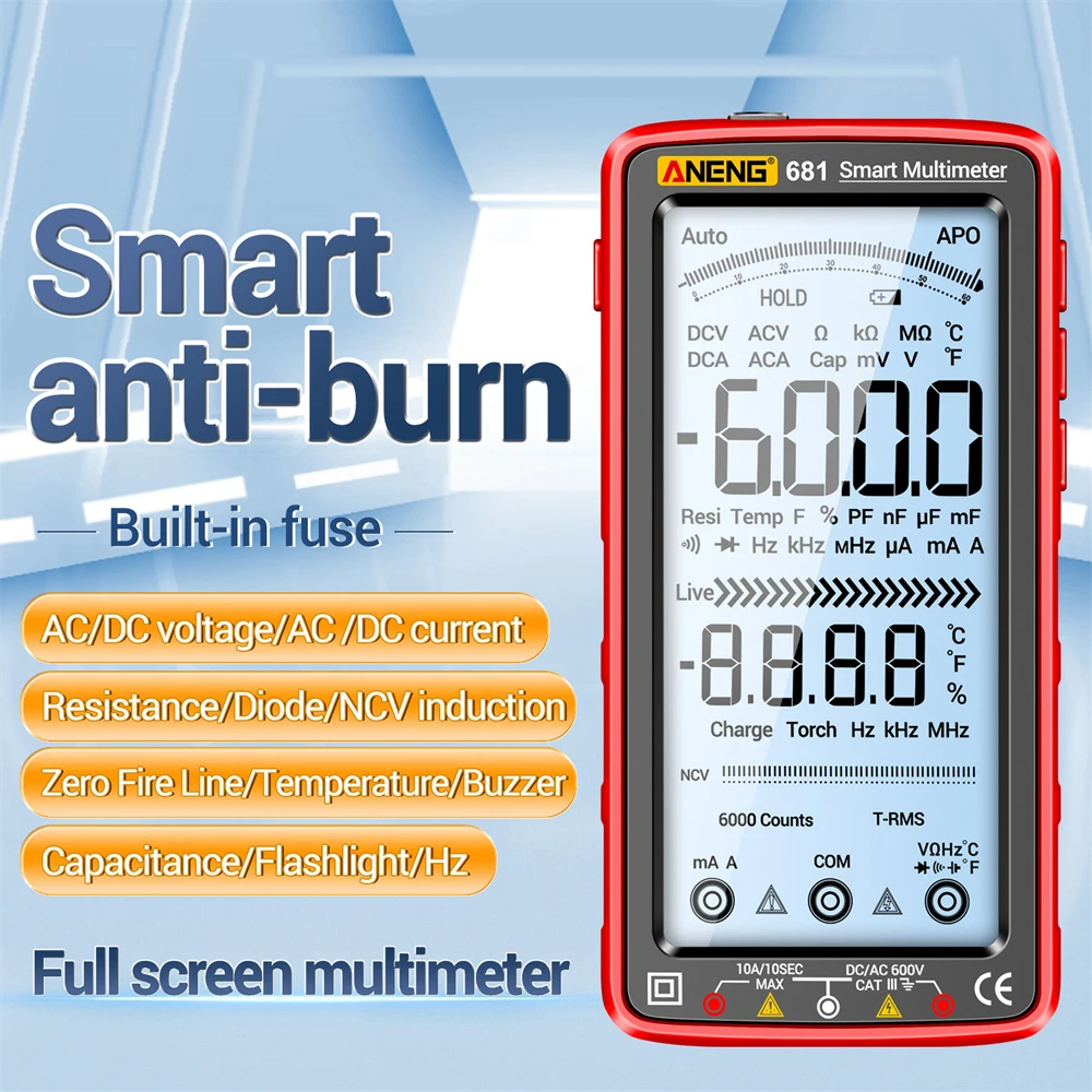 Smart LCD Digital Multimeter Rechargable 6000 Counts Non-contact AC/DC Voltage Tester Diode Current Resistance Capacitance Meter