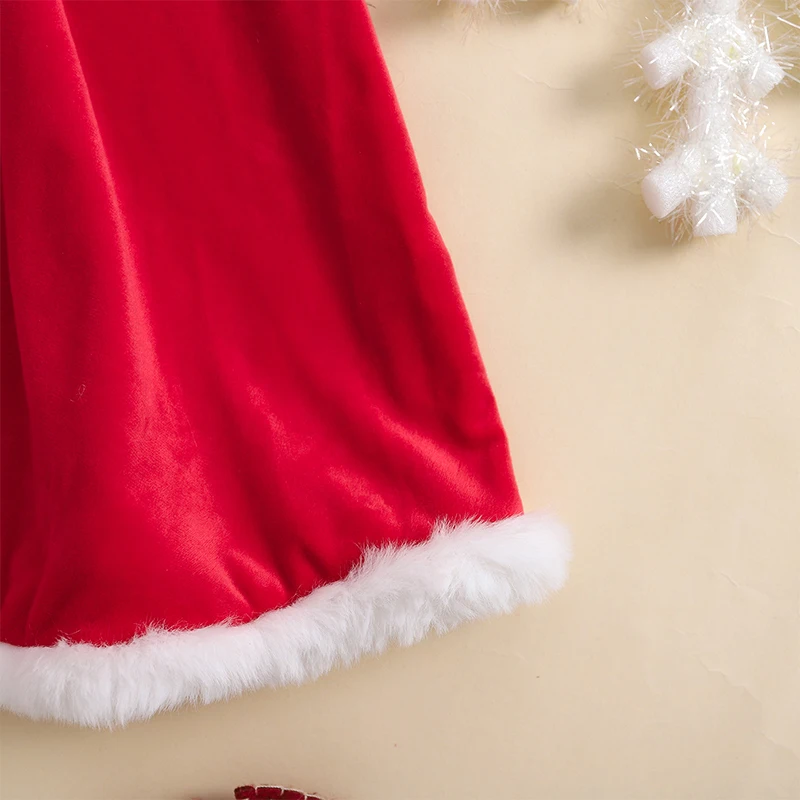 Girls Christmas Red Velvet Cloak Contrast Color Fuzzy Trim Hooded Cape Cosplay Costume 1-6T Pudcoco