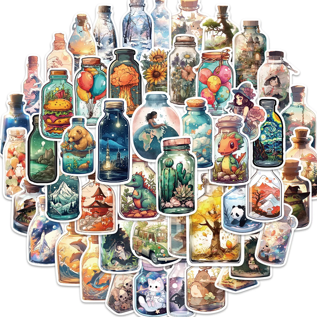 

50PCS INS Style Bottle World Cartoon Stickers Luggage Skateboard Cute DIY Graffiti stickers for Girl Gradient Sticker Decal Toy