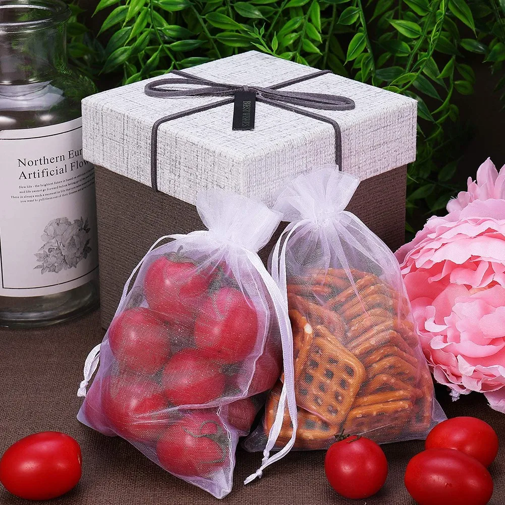 

100Pc White Organza Gift Bags Festive Party Supplies Jewellery Candy Drawstring Pouche Wedding Birthday Party Gift Packaging Bag