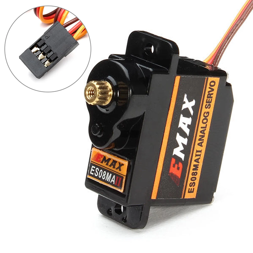 Profil du mini servo Emax ES08MA II montrant son boîtier et ses cosses de fixation