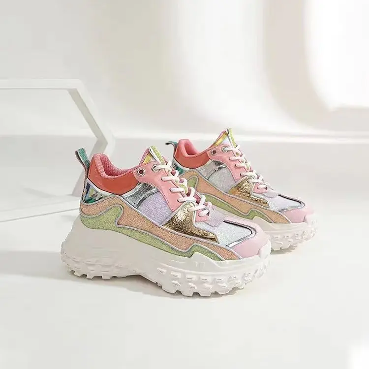 

Spring Luxury Women Pink Shoes Fashion Genuine Leather Dad Chunky Sneakers Winter Autumn High Heeled Casual Lady Thick Bottom