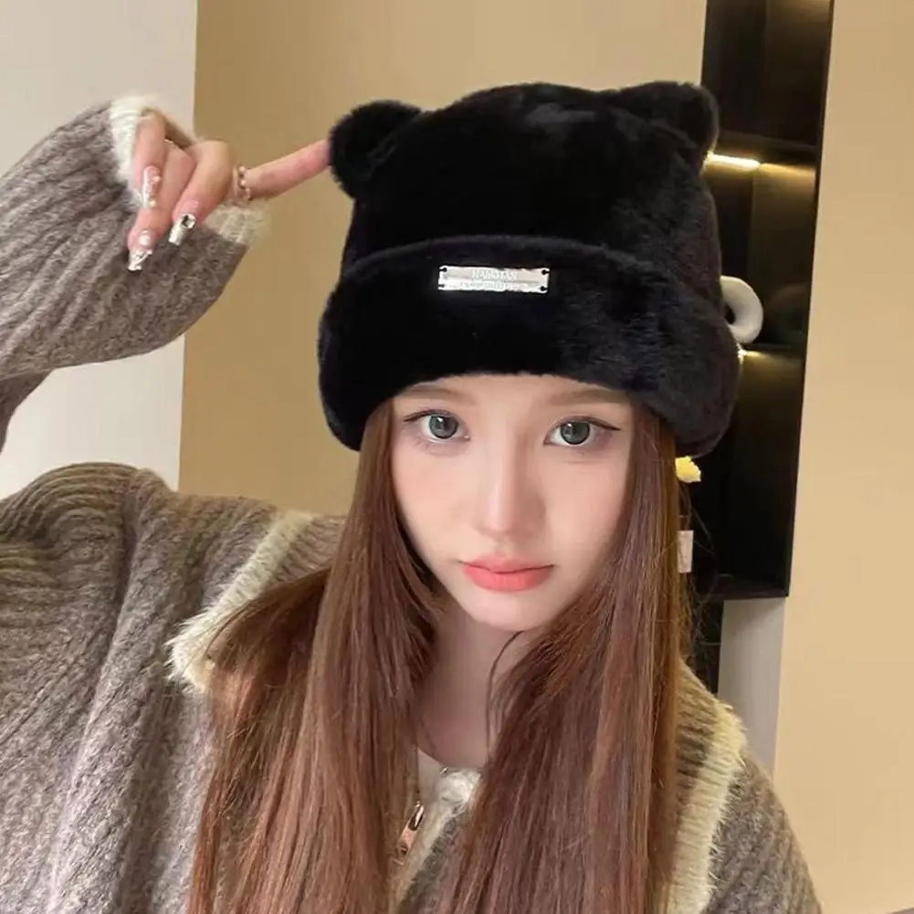 Lovely Iron Label Decorative Beanie Hat With Ears Warm Plush Cat Beanie Winter Faux Fur Elastic Knitted Hat Women Outdoor women hat woolen hat led beanie hat