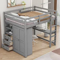 Full Size Loft Bed with Built-in Wardrobe, Desk, Storage Shelves and Drawers, Solid Wood Loft Bed Frame, Wardrobe 1