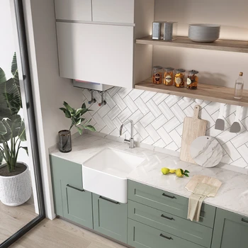 อ่างล้างจานเซรามิกสีขาวแบบติดผนัง, อ่างล้างจานแบบเดี่ยวสไตล์เรโทร, อ่างล้างจานแบบกึ่งฝังมุมฉากสำหรับใช้ในบ้าน 2