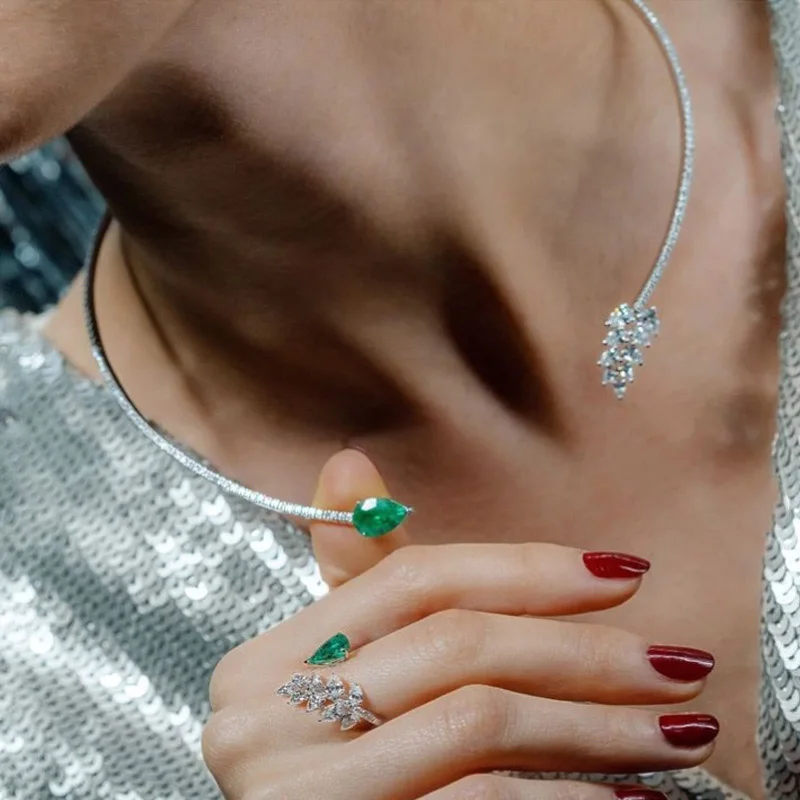 Stonefans Simple Green Crystal Rhinestone Collar Jewelry for Women Bridal Leaf Shape Open Necklace Choker Wediing Collar Chain