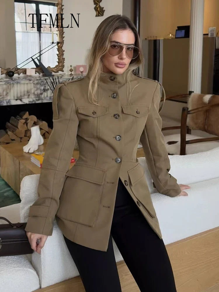 Retro 2025 Autumn Woman Stand Collar Jackets Fashion Single Breasted Pockets Solid Causal Chic Coats High Street Slim Outwear