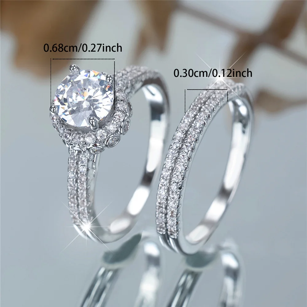 Crystal Female White Zircon Round Stone Ring Set Fashion Luxury Silver Color Bridal Wedding Engagement Jewelry For Women