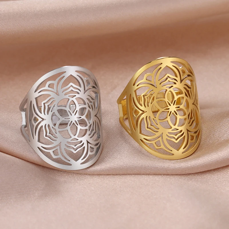 LIKGREAT Mandala Yoga Adjustable Rings New Stainless Steel Lotus Flower Fashion Couple Finger Rings Amulet Wicca Jewelry Gifts