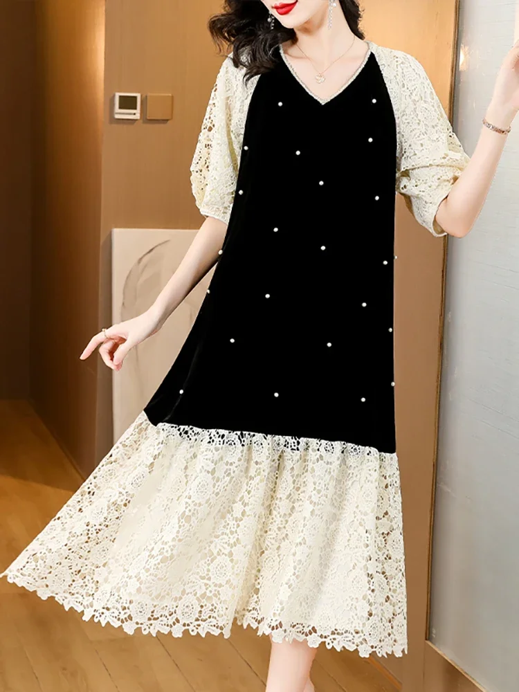 

Spring Autumn Elegant and Pretty Women's Dress Black Velvet Diamonds Patchwork Lace Long Dress 2024 Korean Vintage Luxury Dress