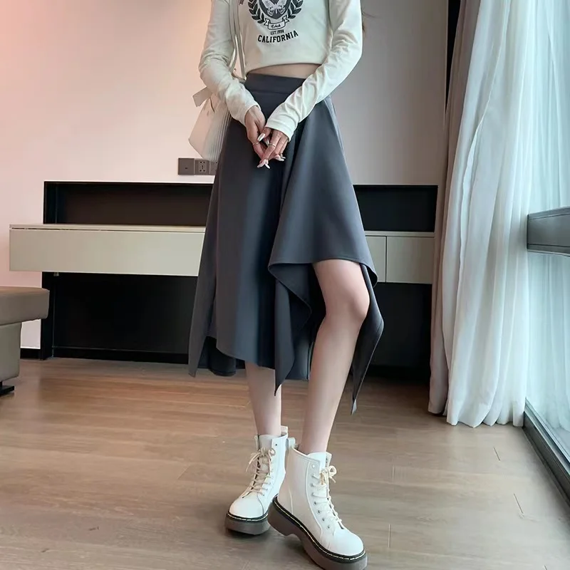 Spring/Summer High Waist Retro Style Design Sense Autumn/Winter New Show Waist Pleated Skirt Irregular Half Skirt Women