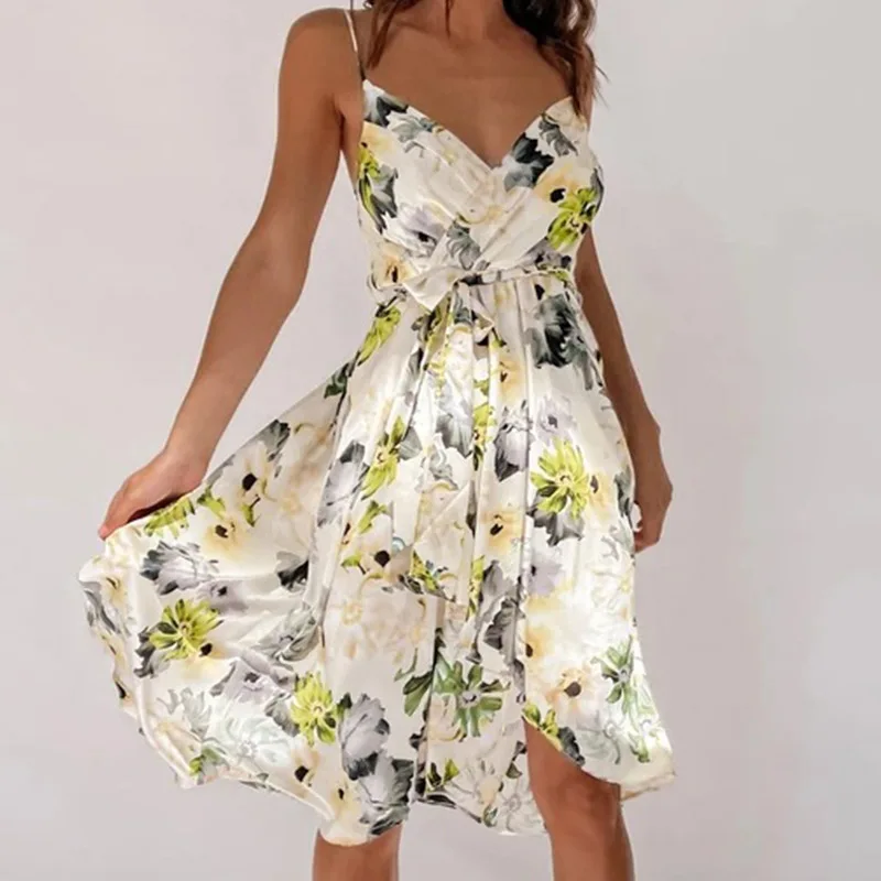 

2023 Spring and Summer New Printed Dress Sexy Vacation Strap Cross Cinched Mid-Length Dress