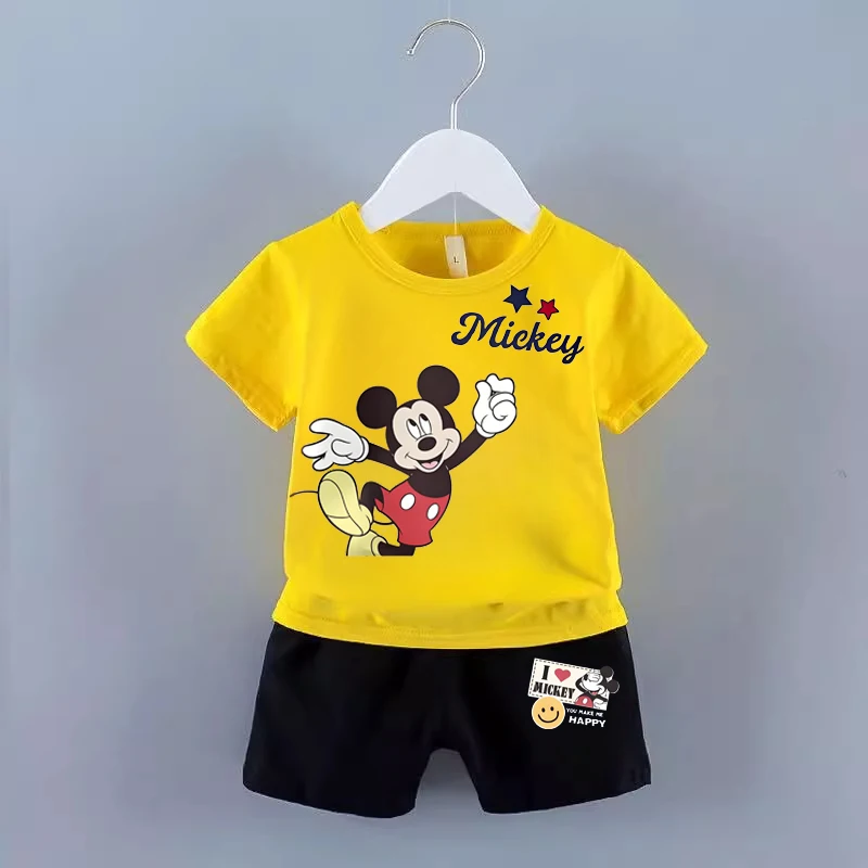 DISNEY Summer Children's Pullover Sets Mickey Print Boys Clothing Sets Breathable Thin Kids Tshirt And Shorts 2pcs Suit 4