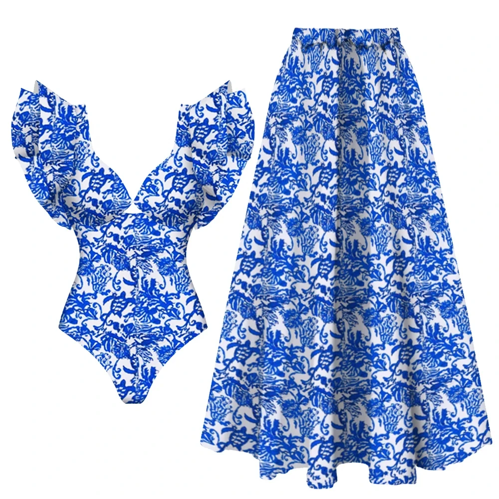 Sexy Ruffle One Piece Swimsuit Women Print Swimwear Skirt Monokini Print Bathing Suits Swim Suit Wear Beachwear one piece swimsuit women swimsuit
