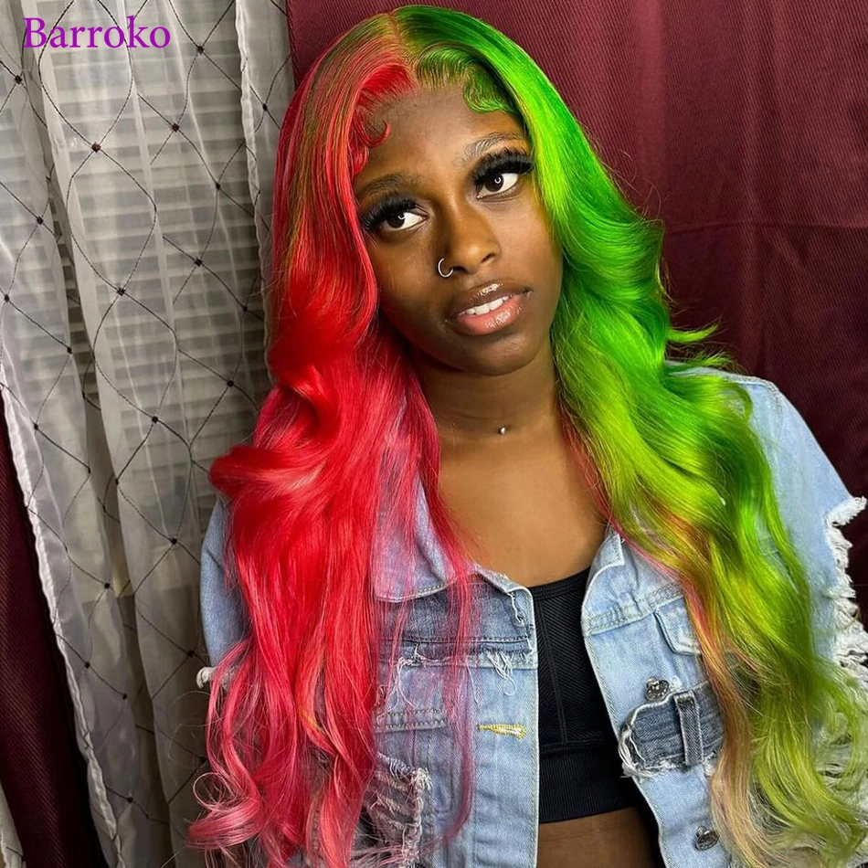 

Barroko 30 Inch Body Wave Red With Green Colored Human Hair Wigs Peruvian Virgin Hair 180% Density Pre Plucked For Black Women